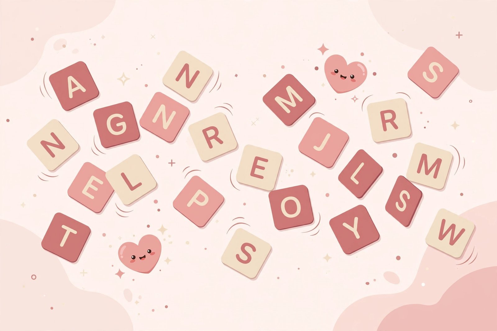 Letter tiles shuffling into new words with hearts - free anagram maker tool