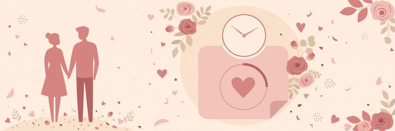 Romantic anniversary countdown illustration — a couple beside a countdown clock with hearts and roses