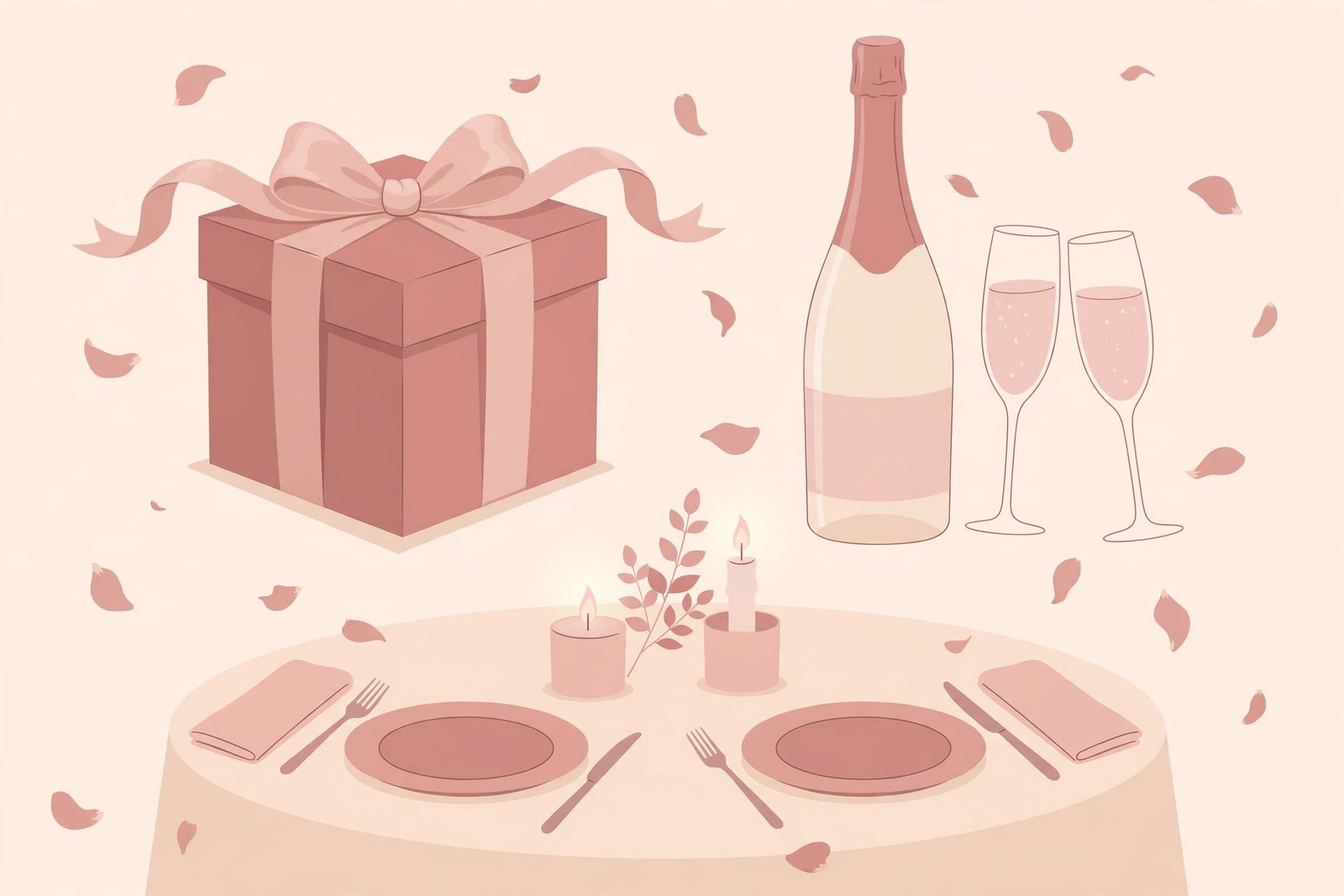 Anniversary celebration ideas illustration — gift box, champagne and a candlelit dinner for two