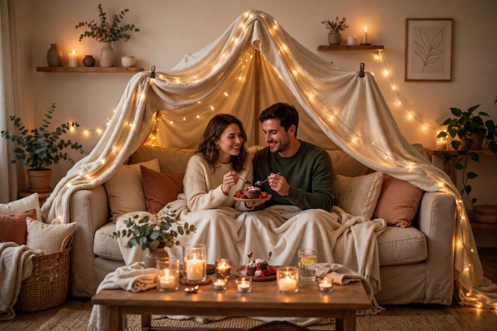 Couple enjoying cozy at home date ideas with candles and fairy lights