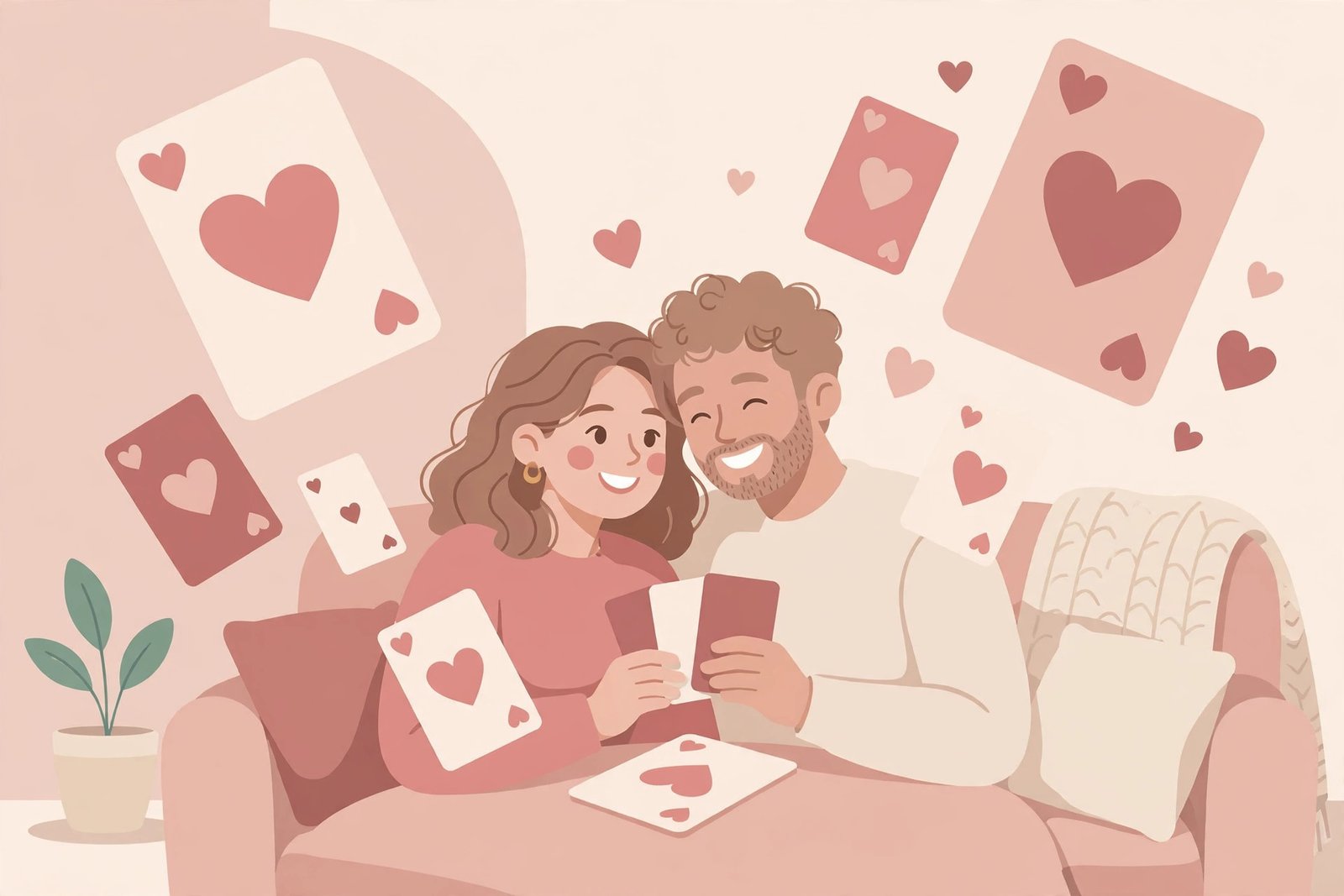 Happy couple playing the couple card game together on a cozy couch