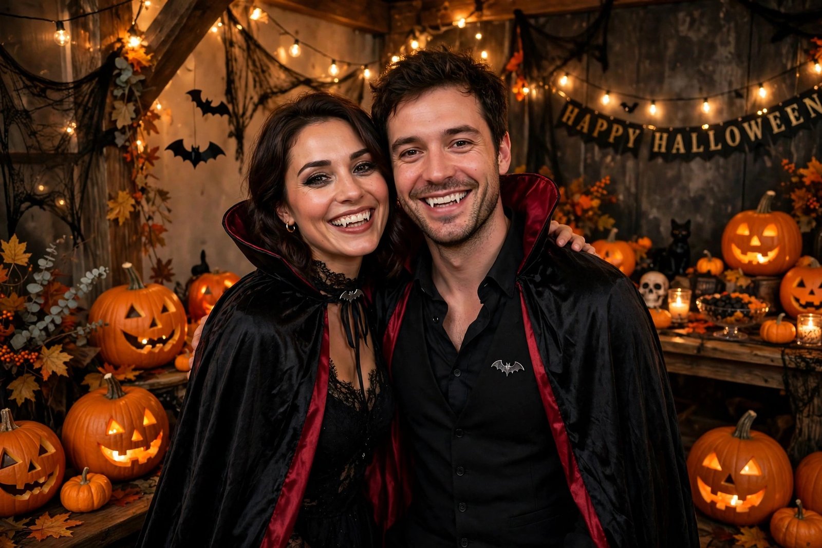 alt: couple halloween costumes - vampire duo at Halloween party