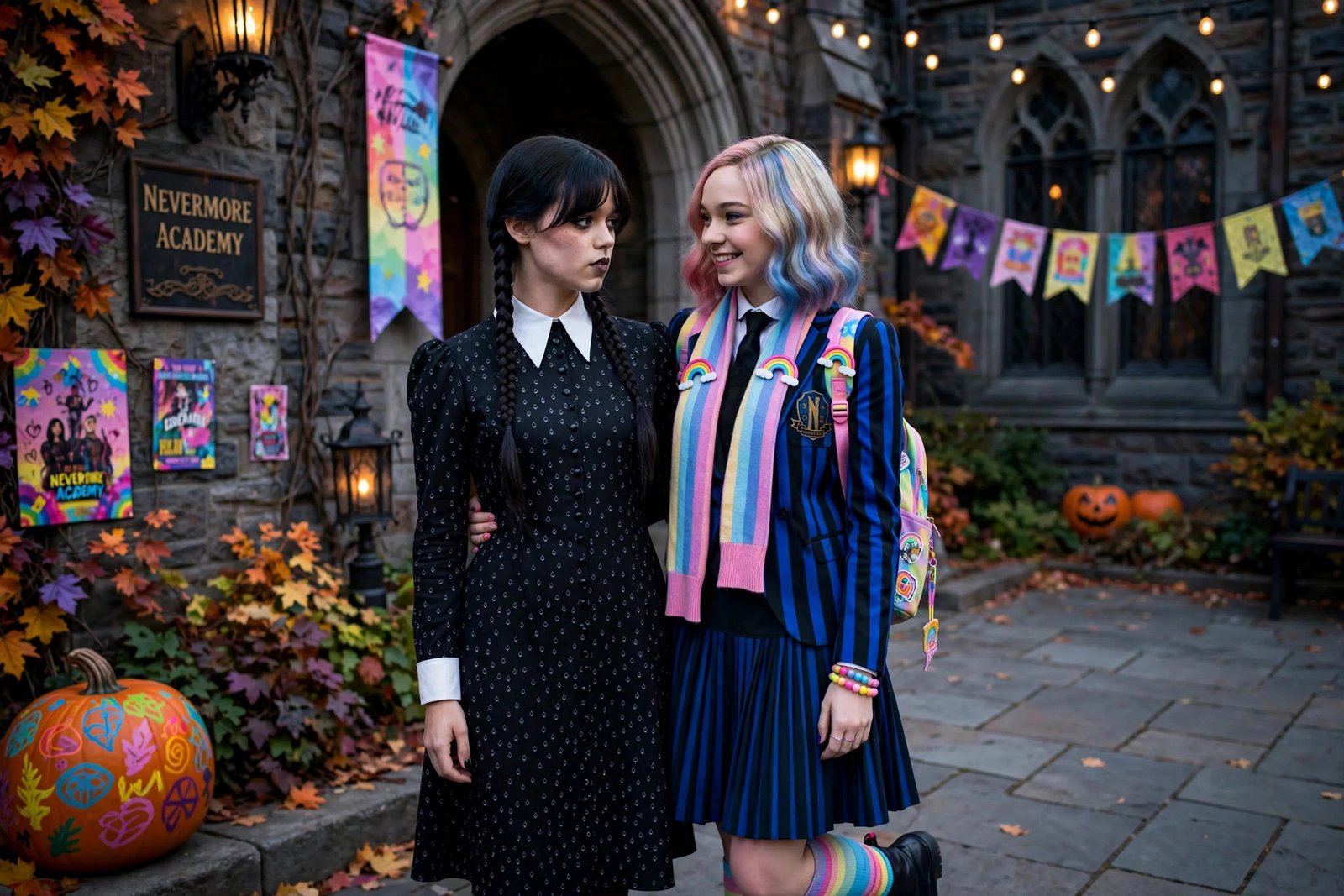 alt: pop culture couple halloween costumes - Wednesday and Enid