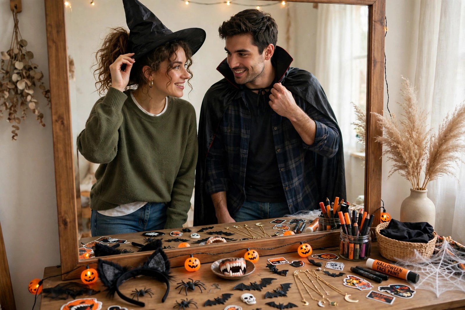 alt: couple halloween costumes fitting tips - checking size and accessories