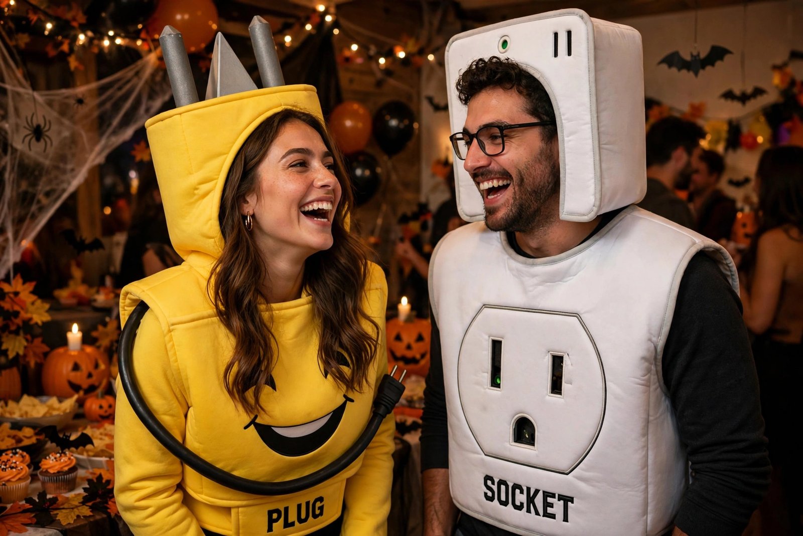 alt: funny couple halloween costumes - plug and socket duo