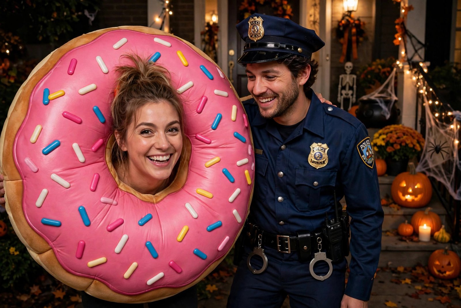 alt: funny couples costumes - cop and donut pair