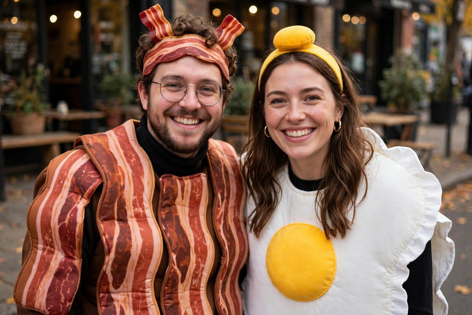 alt: cute funny couple halloween costumes - bacon and eggs duo