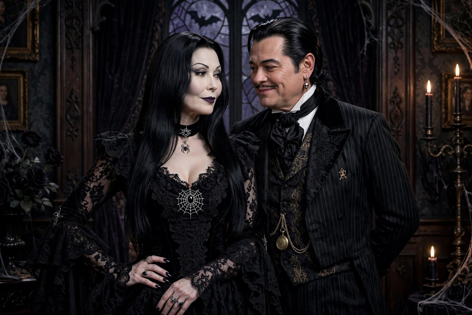 alt: classic couple halloween costumes - Morticia and Gomez Addams