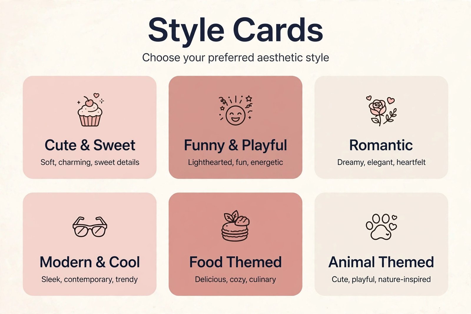 Six couple nickname styles - cute sweet, funny playful, romantic, modern cool, food, animal