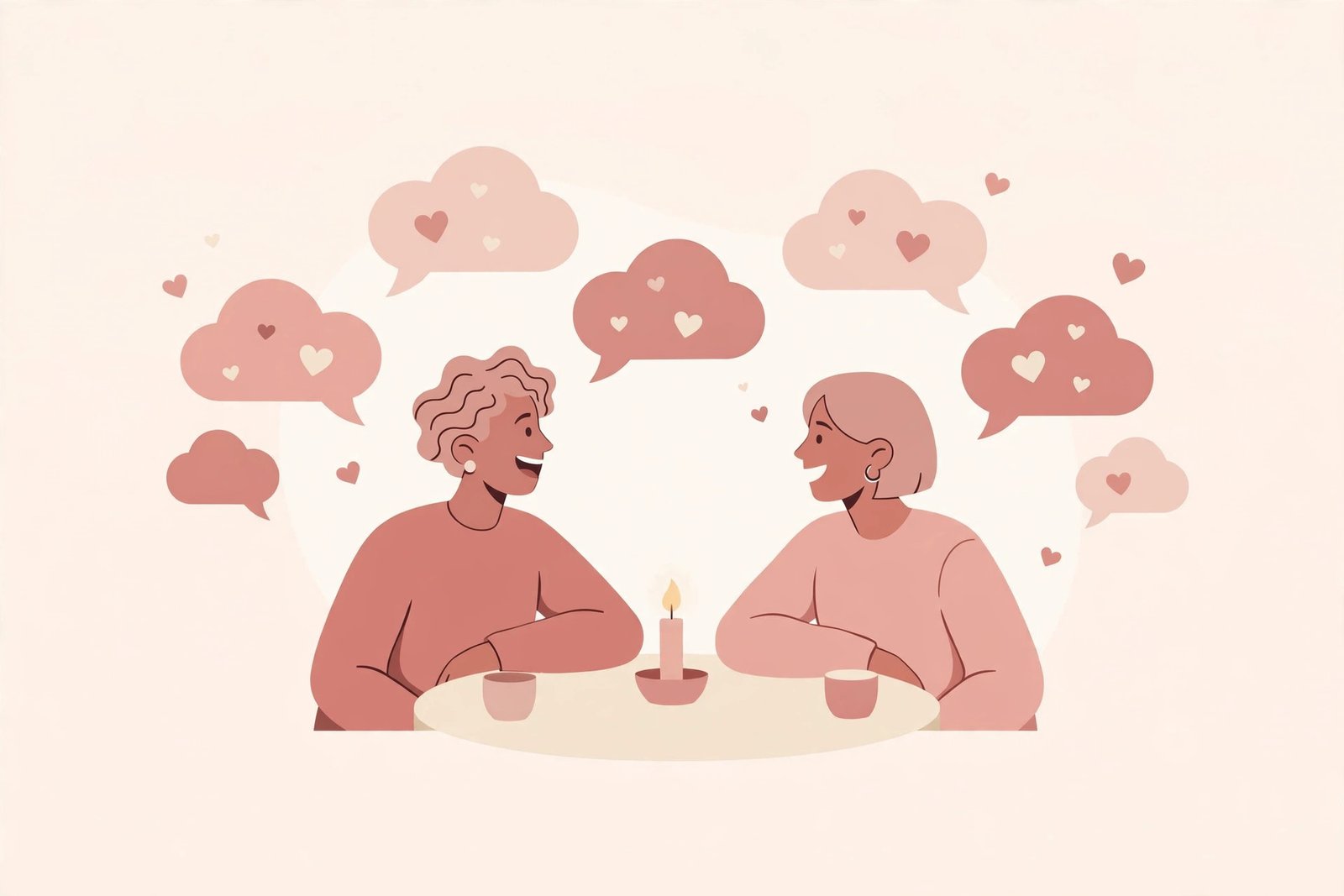 Couple questions generator - happy couple chatting warmly with speech bubbles and hearts
