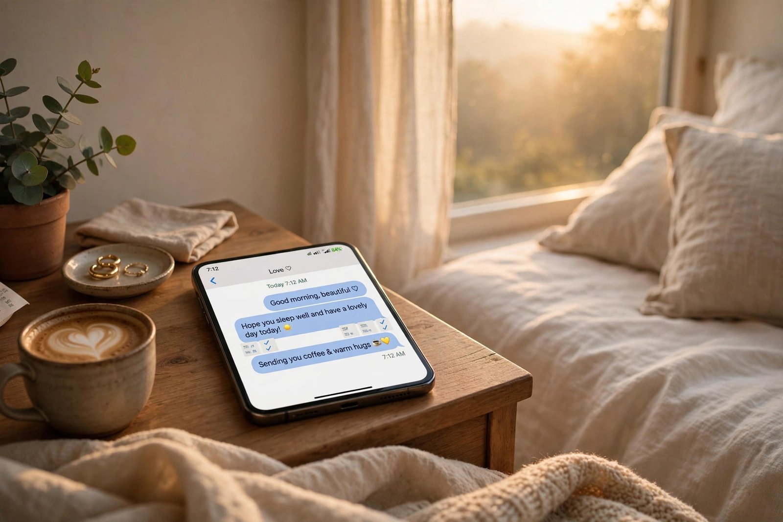 A phone showing good morning texts for him in a cozy bedroom at sunrise