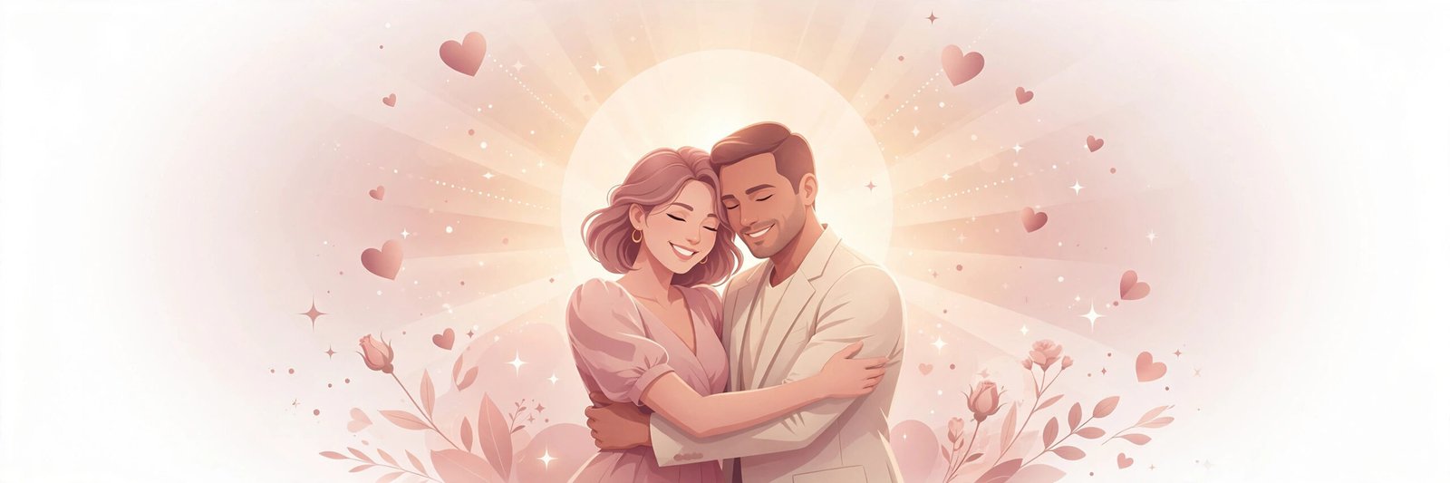 Illustration of a smiling couple embracing among soft rose-colored hearts