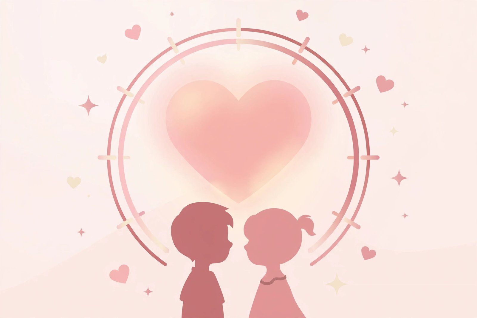 Couple silhouettes under a glowing heart with a love compatibility score gauge