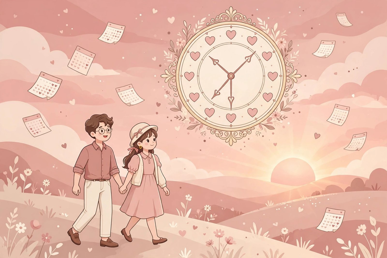 Love time calculator - couple walking into sunset with heart clock