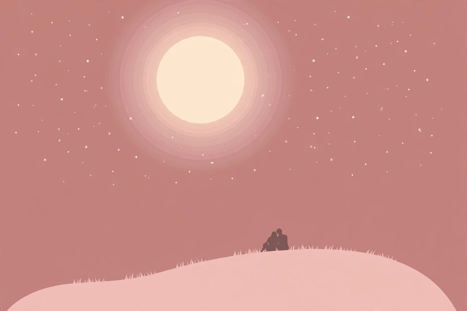 Couple watching a glowing full moon together under a starry night sky