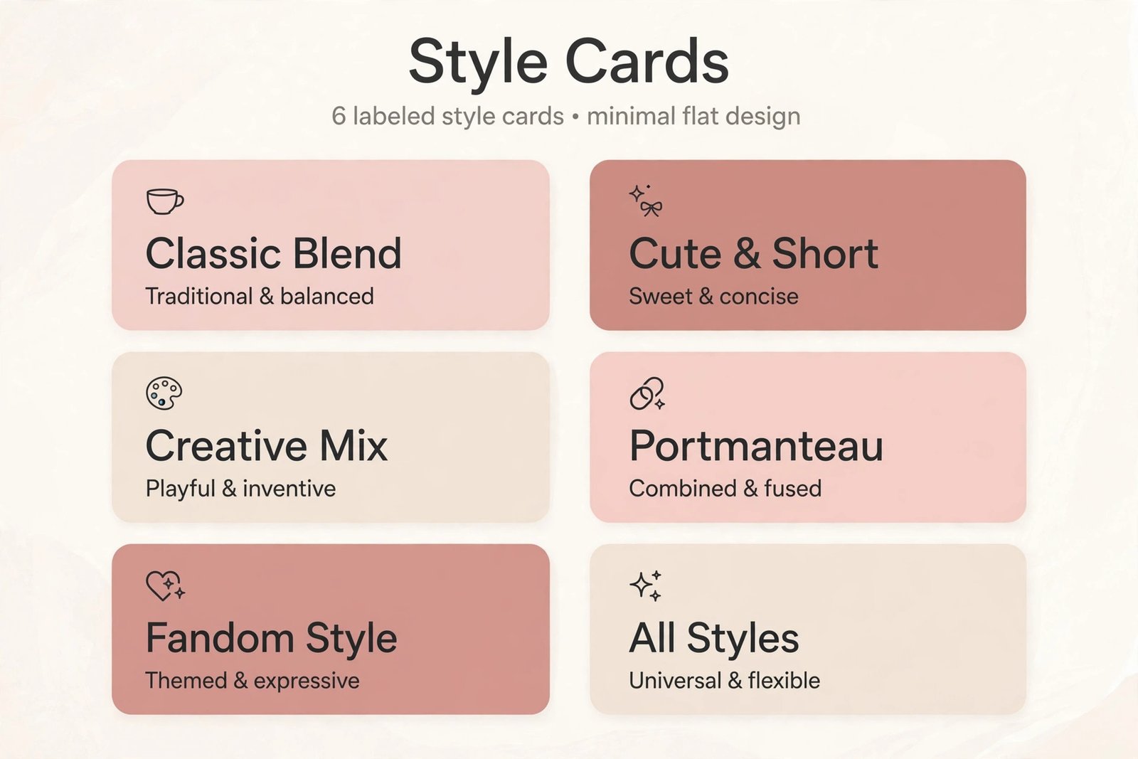 Six ship name styles - classic blend, cute and short, creative mix, portmanteau, fandom style
